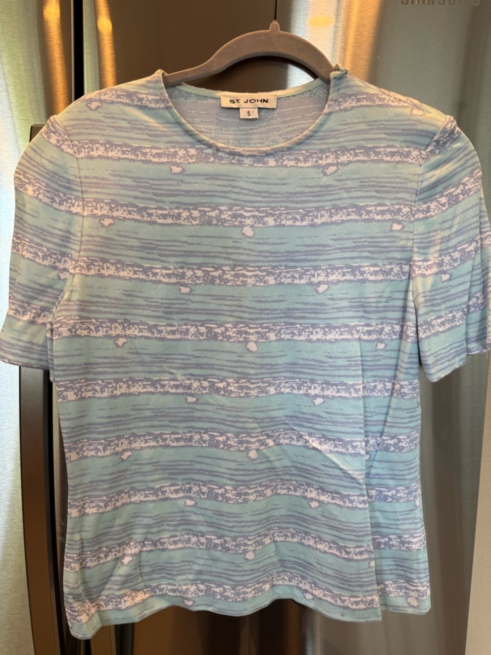 St. John Sport Top Small Blue Aqua Strip Shirt Sleeve Zip Shoulder Designer